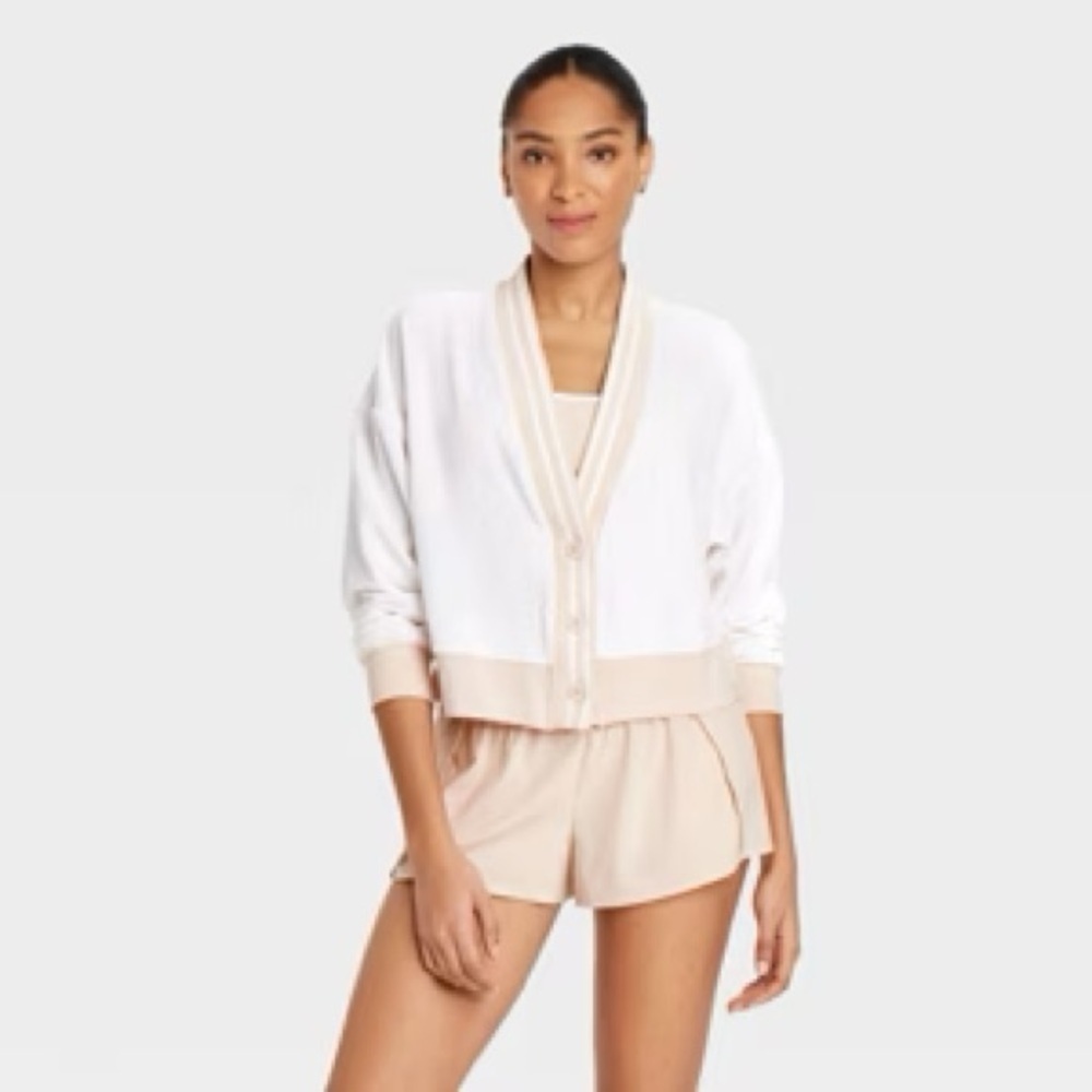 JoyLab Women's Towel Terry Cardigan White Tan Stripe size Large